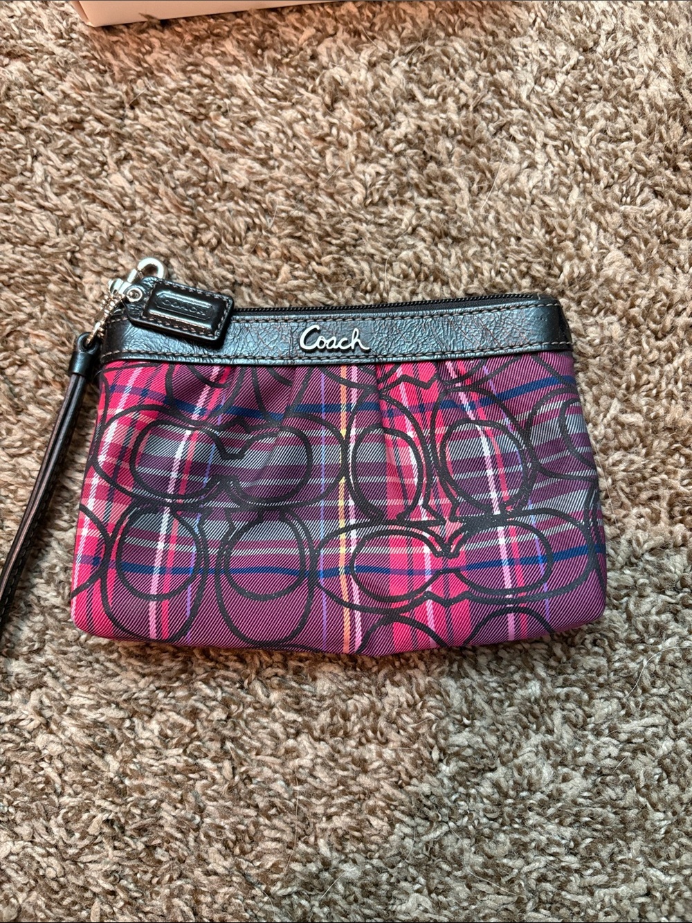 Coach Pink Plaid Signature Wristlet with Black Trim